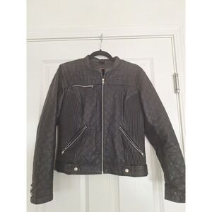 First Classic Leather Jacket Women's Large Black Biker‎ Racer Bomber Zip Pebbled